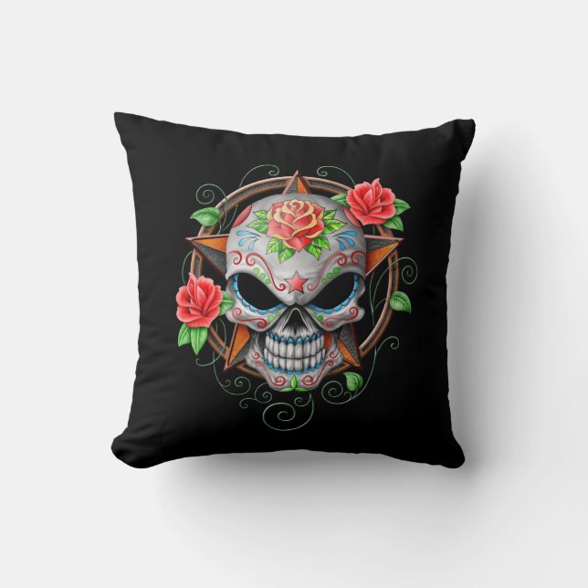 Sugar Skull Star, black Throw Pillow (Front)