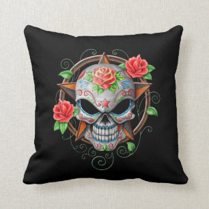 Sugar Skull Star, black Throw Pillow