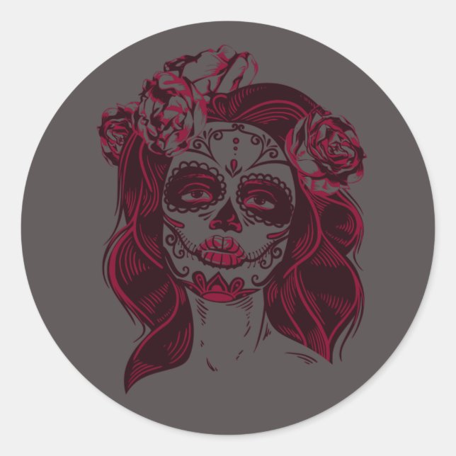 Sugar Skull Sticker Girl Grey -Day of The Dead (Front)