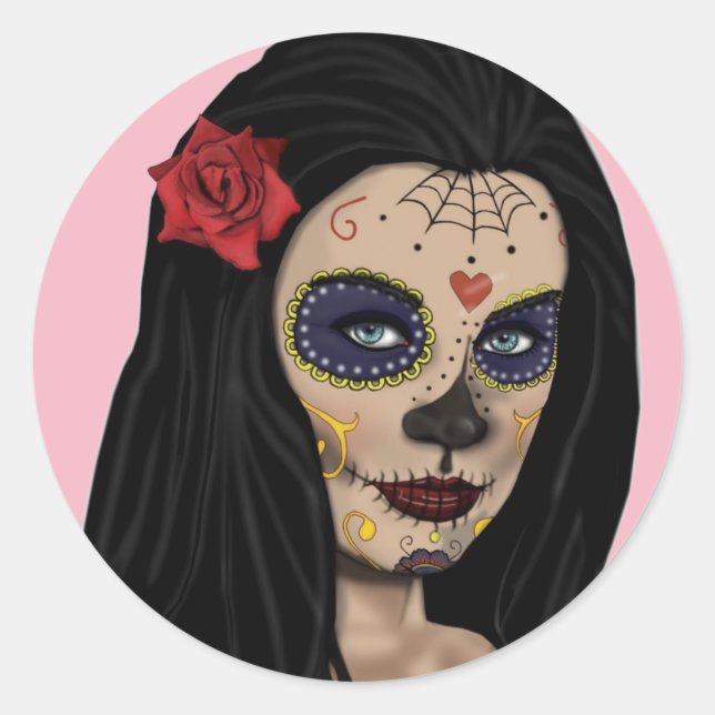 Sugar Skull Sticker Girl Pink-Day of The Dead (Front)
