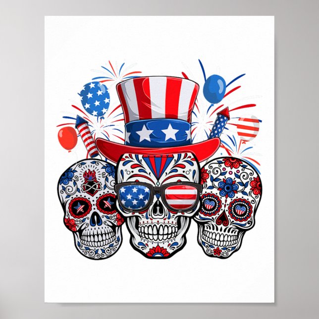 Sugar Skull Sungles Firework American Flag 4th Of  Poster (Front)
