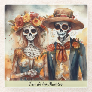 Sugar Skull Sweethearts Dia de los Muertos Glass Coaster