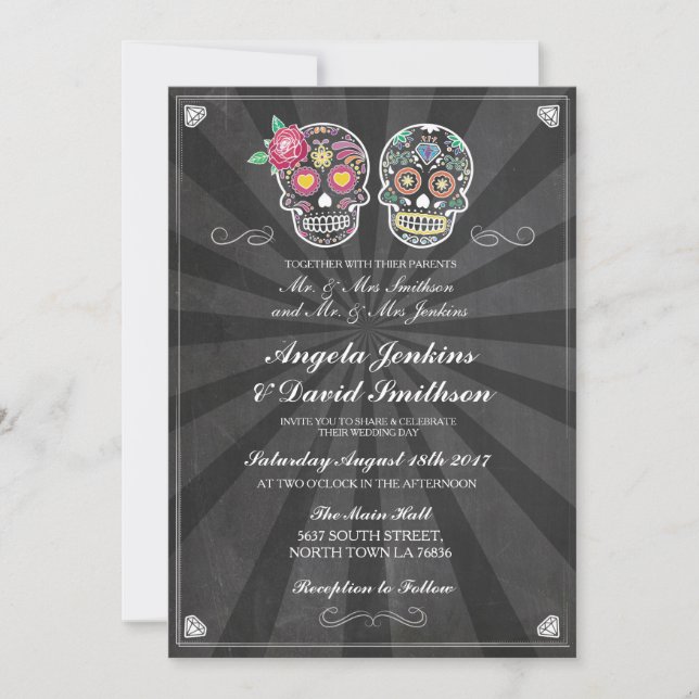 Sugar Skull Wedding Rustic Chalk Lights Invite (Front)