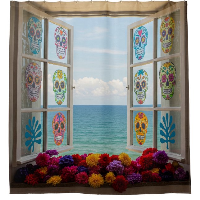 Sugar Skull Window View Shower Curtain (Front)