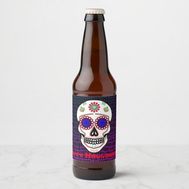 Sugar Skull With Blue Eyes and Green Fleur de Lis Beer Bottle Label (Front)