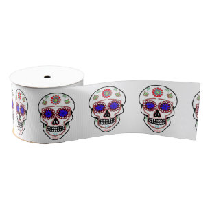 Sugar Skull With Blue Eyes and Green Fleur de Lis Grosgrain Ribbon