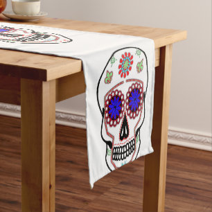 Sugar Skull With Blue Eyes and Green Fleur de Lis Short Table Runner