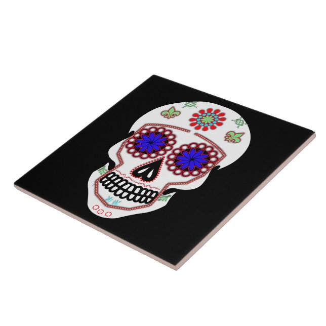 Sugar Skull With Blue Eyes and Green Fleur de Lis Tile (Side)