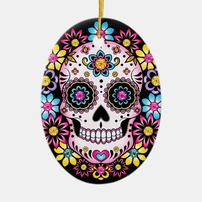 Sugar Skull with Colorful Flowers Ceramic Ornament (Front)