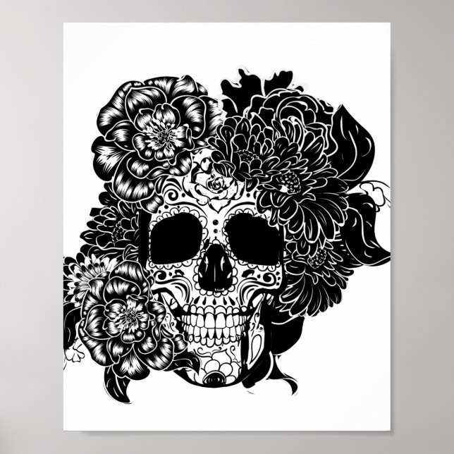 Sugar skull with flowers in black and white poster (Front)