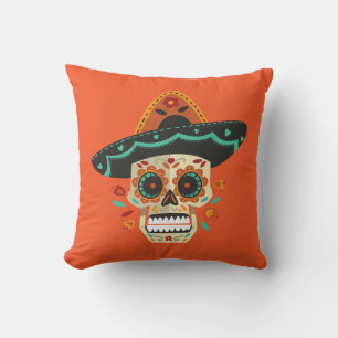 Sugar Skull with Hat Dia de Muertos Throw Pillow