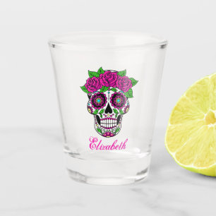 Sugar Skull with Pink Roses   Personalized Shot Glass