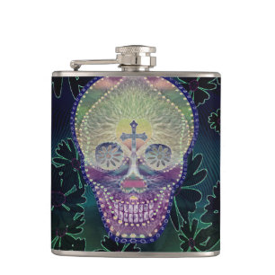 Sugar skull with rainbow colours, hearts hip flask