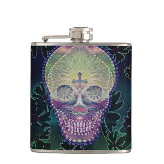Sugar skull with rainbow colours, hearts hip flask