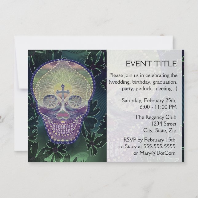 Sugar skull with rainbow colours, hearts invitation (Front)