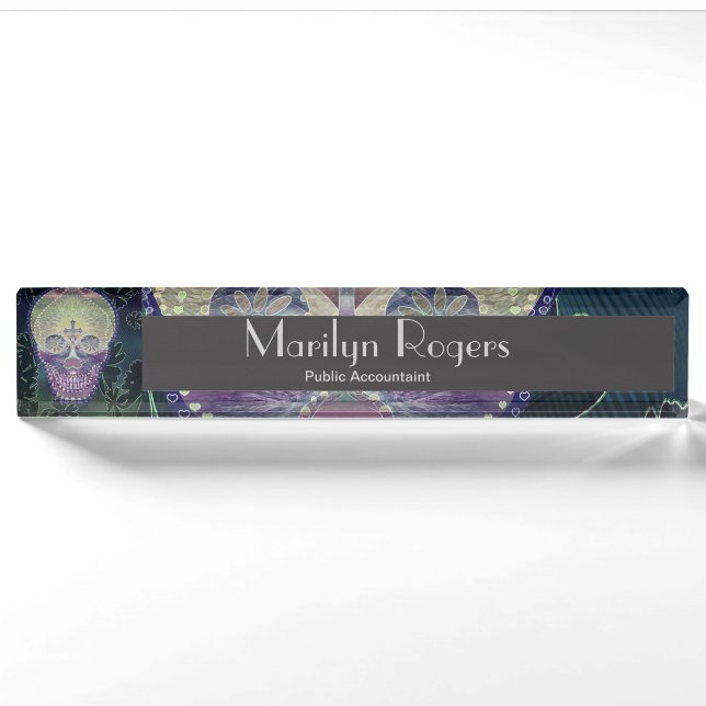 Sugar skull with rainbow colours, hearts nameplate (Front)