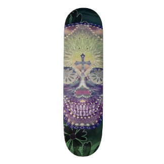 sugar skull with rainbow colours, hearts skateboard