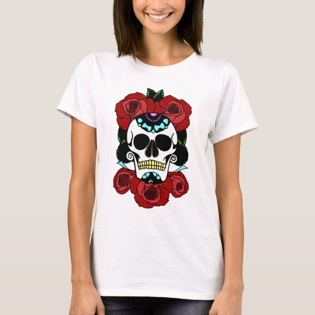 Sugar Skull with Red Roses T-Shirt (Front)