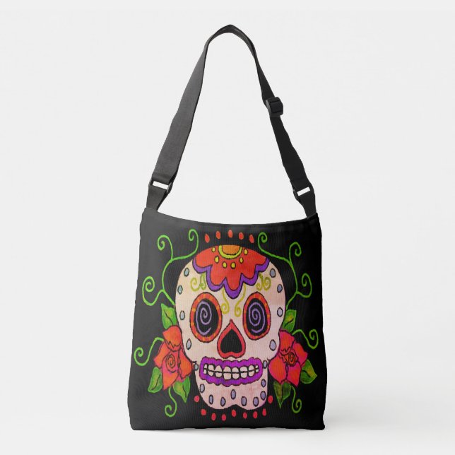 Sugar Skull with Roses Abstract Art Crossbody Bag (Front)