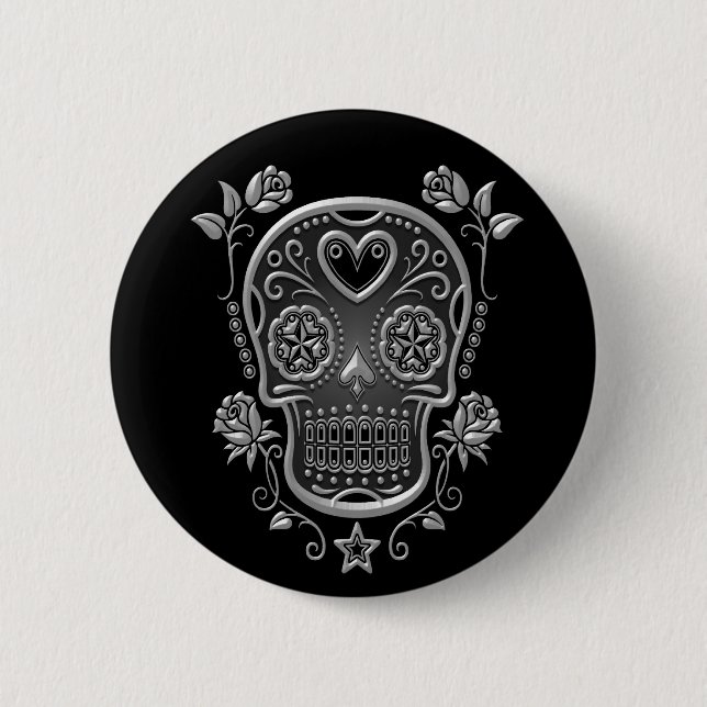 Sugar Skull with Roses, dark 2 Inch Round Button (Front)