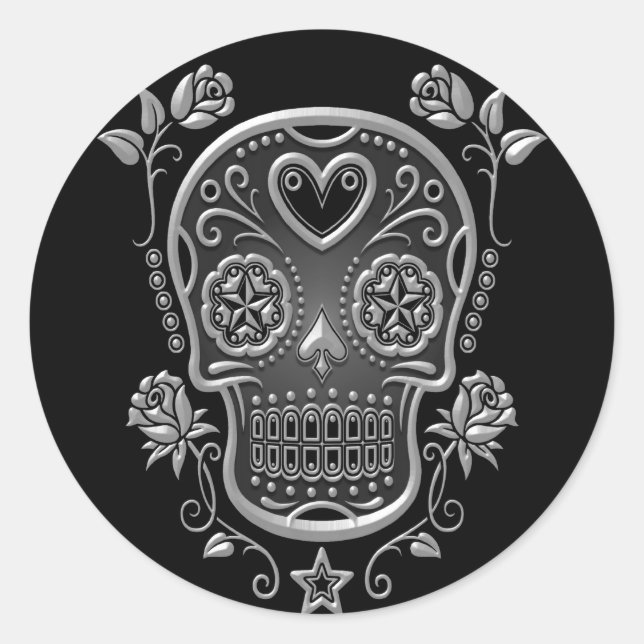 Sugar Skull with Roses, dark Classic Round Sticker (Front)
