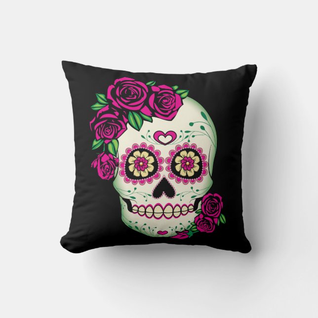 Sugar Skull with Roses Throw Pillow (Front)