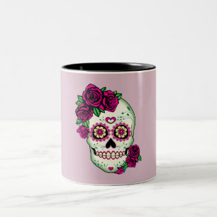 Sugar Skull with Roses Two-Tone Coffee Mug