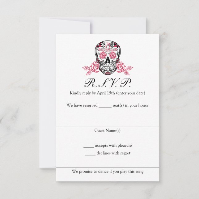Sugar Skull with Roses Wedding RSVP cards (Front)