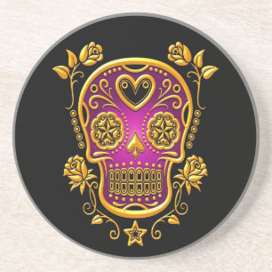 Sugar Skull with Roses, yellow and purple Coaster