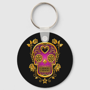 Sugar Skull with Roses, yellow and purple Keychain