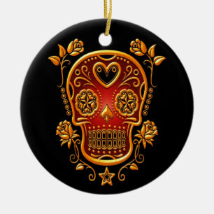 Sugar Skull with Roses, yellow and red Ceramic Ornament