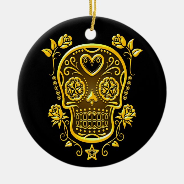 Sugar Skull with Roses, yellow Ceramic Ornament (Front)