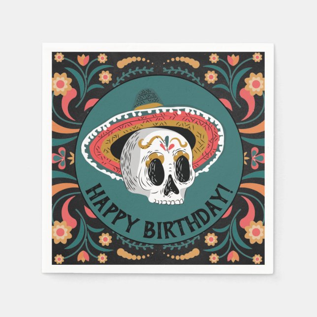 Sugar Skull with Sombrero Birthday Napkin (Front)
