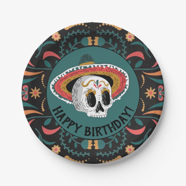 Sugar Skull with Sombrero Birthday Paper Plate (Front)