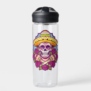 Sugar Skull with Sombrero   Dia De Los Muertos Water Bottle