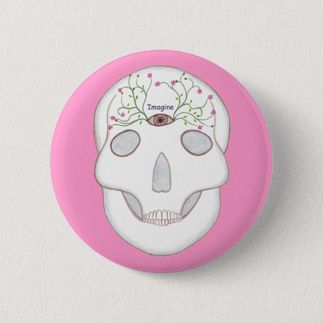 Sugar Skull with Third Eye and Flower Buds Imagine 2 Inch Round Button (Front)