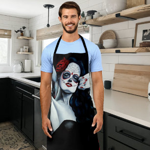 Sugar Skull Woman Gothic Black Red Roses Portrait Apron