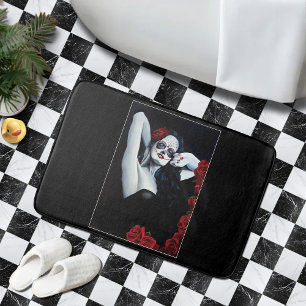 Sugar Skull Woman Gothic Black Red Roses Portrait Bath Mat
