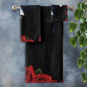 Sugar Skull Woman Gothic Black Red Roses Portrait Bath Towel Set