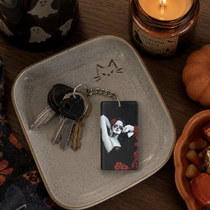 Sugar Skull Woman Gothic Black Red Roses Portrait Keychain