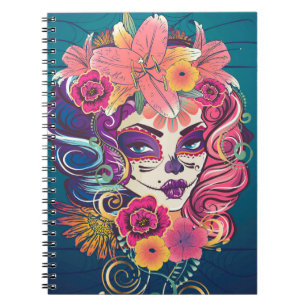 Sugar skull woman in flower crown portrait notebook