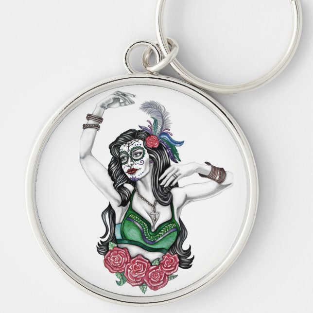 Sugar Skull Woman with Roses Keychain (Front)