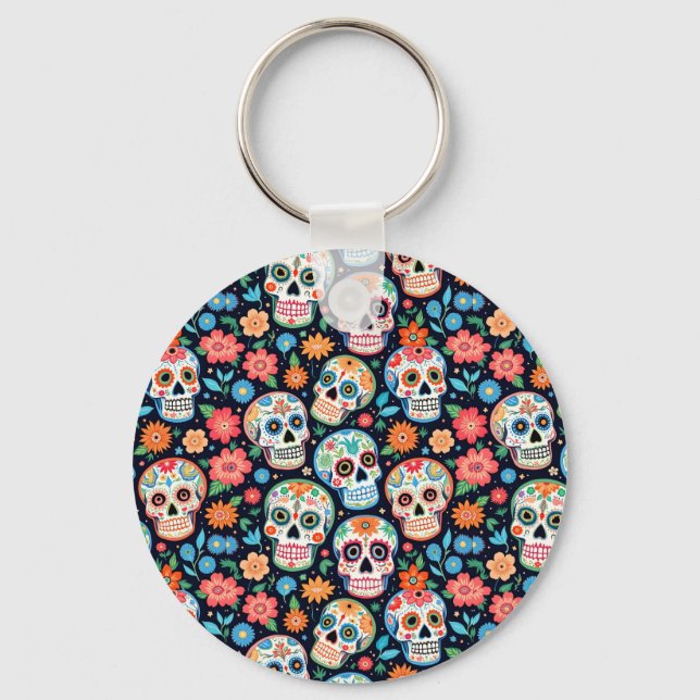 Sugar Skulls and Flowers Keychain (Front)