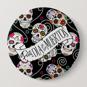 Sugar Skulls and Swirls Black D725 4 Inch Round Button