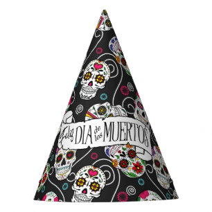Sugar Skulls and Swirls Black D725 Party Hat