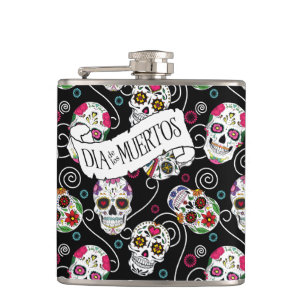 Sugar Skulls and Swirls Black ID725 Hip Flask