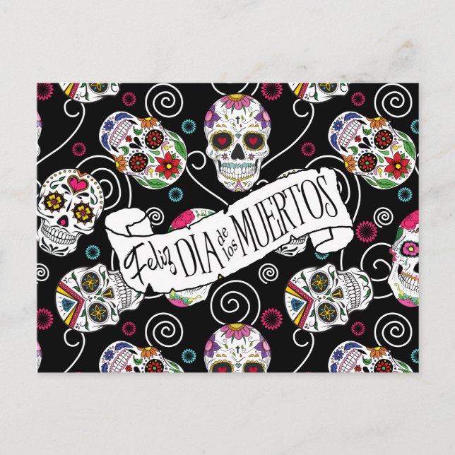 Sugar Skulls and Swirls Black ID725 Postcard (Front)