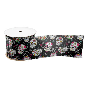 Sugar Skulls and Swirls Black ID725 Satin Ribbon