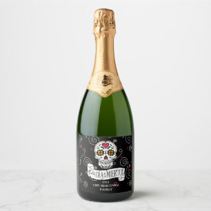 Sugar Skulls and Swirls Black ID725 Sparkling Wine Label