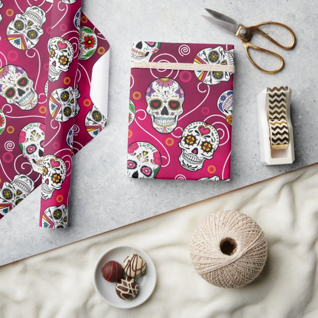 Sugar Skulls and Swirls Red ID725 Wrapping Paper (Crafts)
